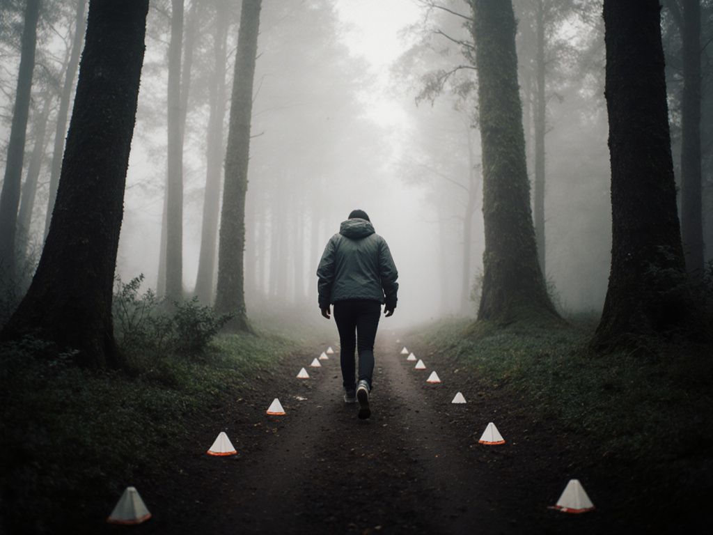 Person confidently walking through misty forest representing overcoming attachment anxiety